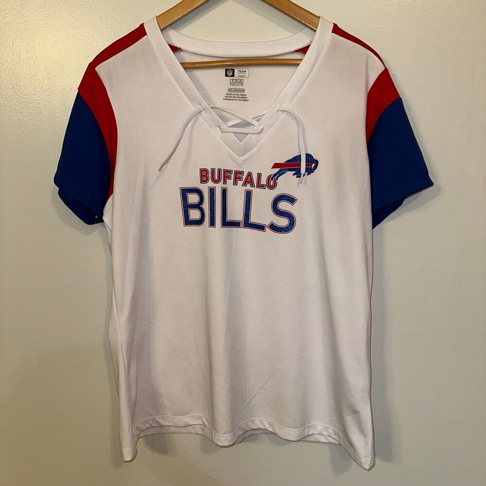 Buffalo Bills NFL Team Apparel Women’s 2XL Lace Up Jersey Shirt White Red Blue